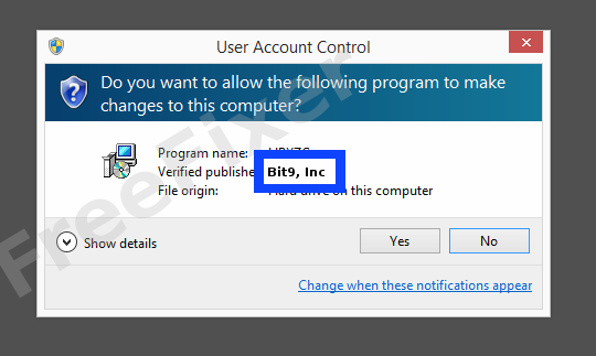 Screenshot where Bit9, Inc appears as the verified publisher in the UAC dialog